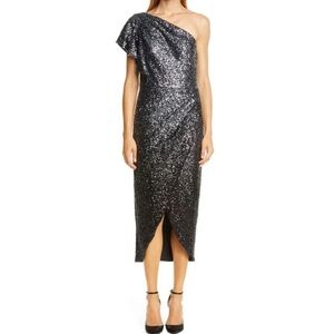 MARCHESA NOTTE ONE-SHOULDER DÉGRADÉ SEQUINED TULLE DRESS IN GUNMETAL SIZE 14 NWT